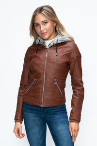 YMI Faux Layered Double-Zipper Jacket with Fuzzy Hood