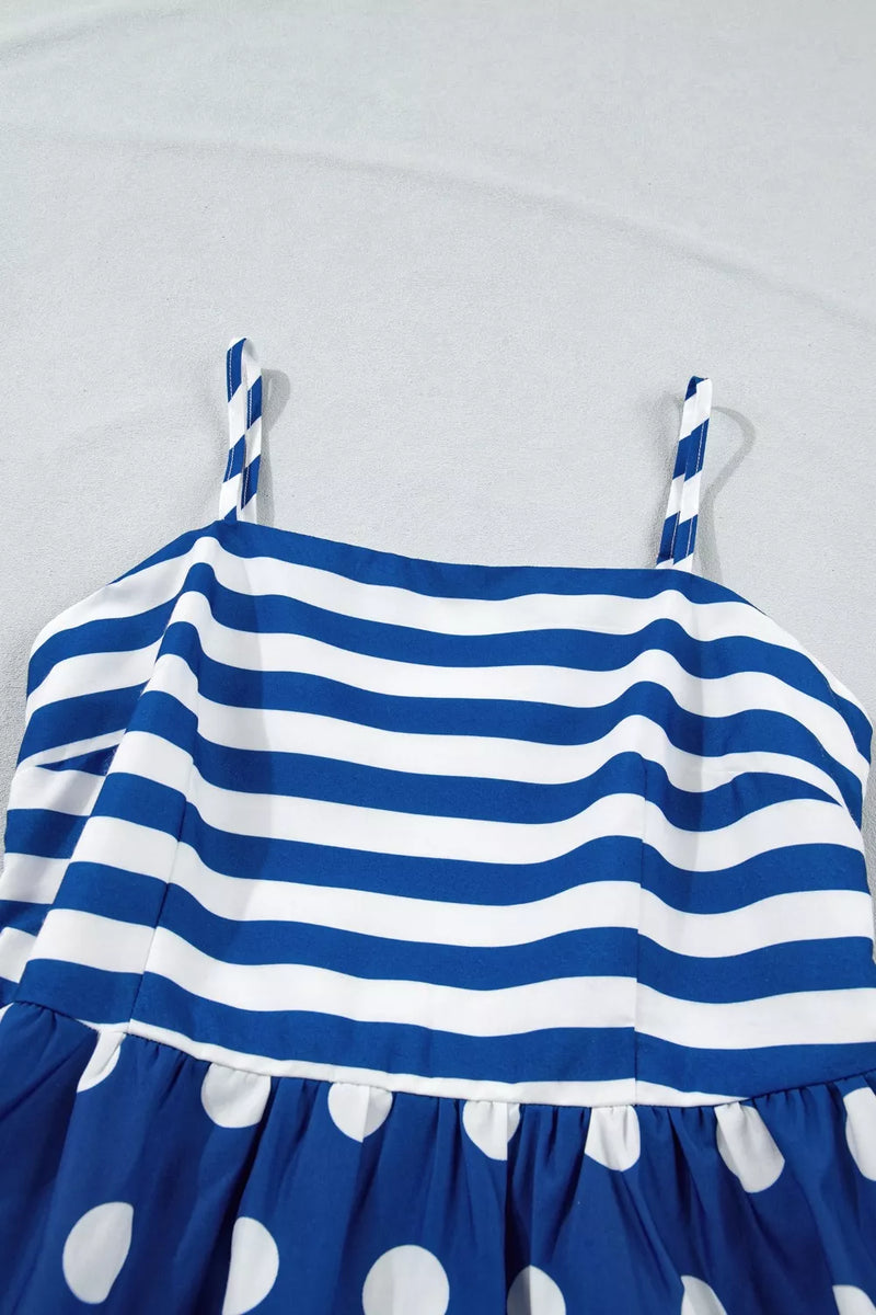 Hazel Blues | Striped Polka Dot Patchwork High Waist Spaghetti Straps Maxi Dress Hazel Blues | Striped Polka Dot Patchwork High Waist Spaghetti Straps Maxi Dress