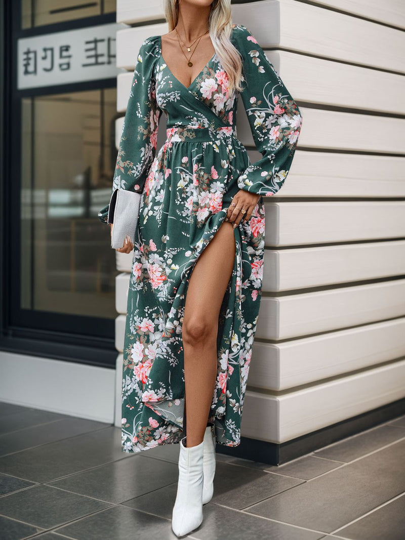 Hazel Blues® |  Slit Printed Surplice Long Sleeve Maxi Dress