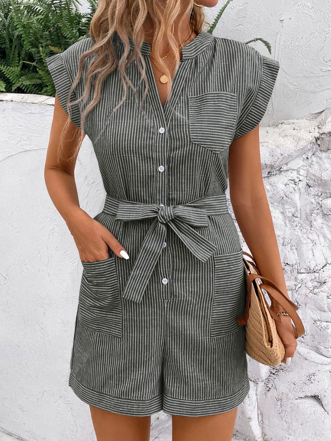 Hazel Blues® |  Striped Notched Tie Waist Romper