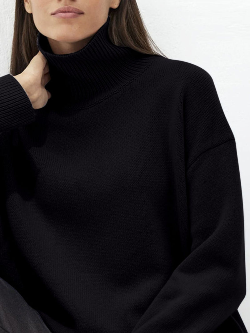 Hazel Blues® |  Ribbed Detail Turtleneck Dropped Shoulder Sweater