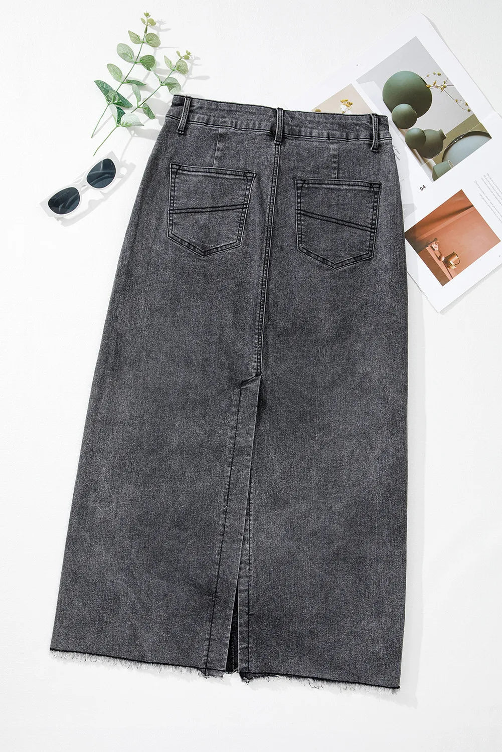 Hazel Blues® |  Raw Hem Midi Denim Skirt with Pockets