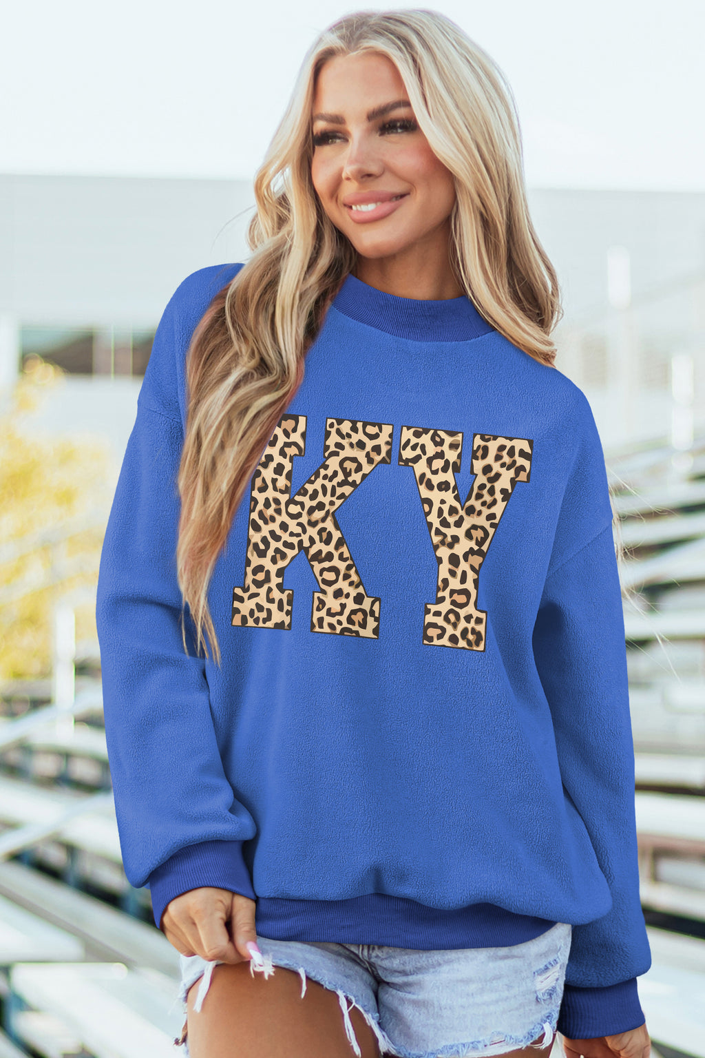KENTUCKY Leopard KY Letter Print Reversible High Neck Sweatshirt