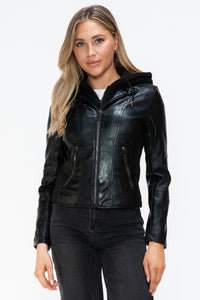 Hazel Blues® |  Snobbish Faux Leather Zip Up Drawstring Hooded Jacket