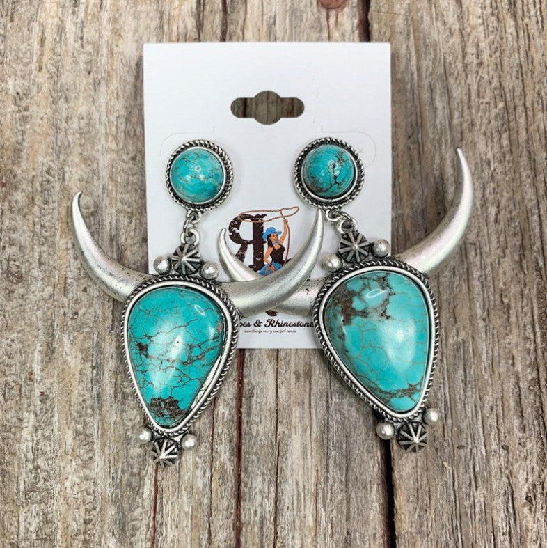 Hazel Blues® |  Artificial Turquoise Alloy Cow Head Earrings