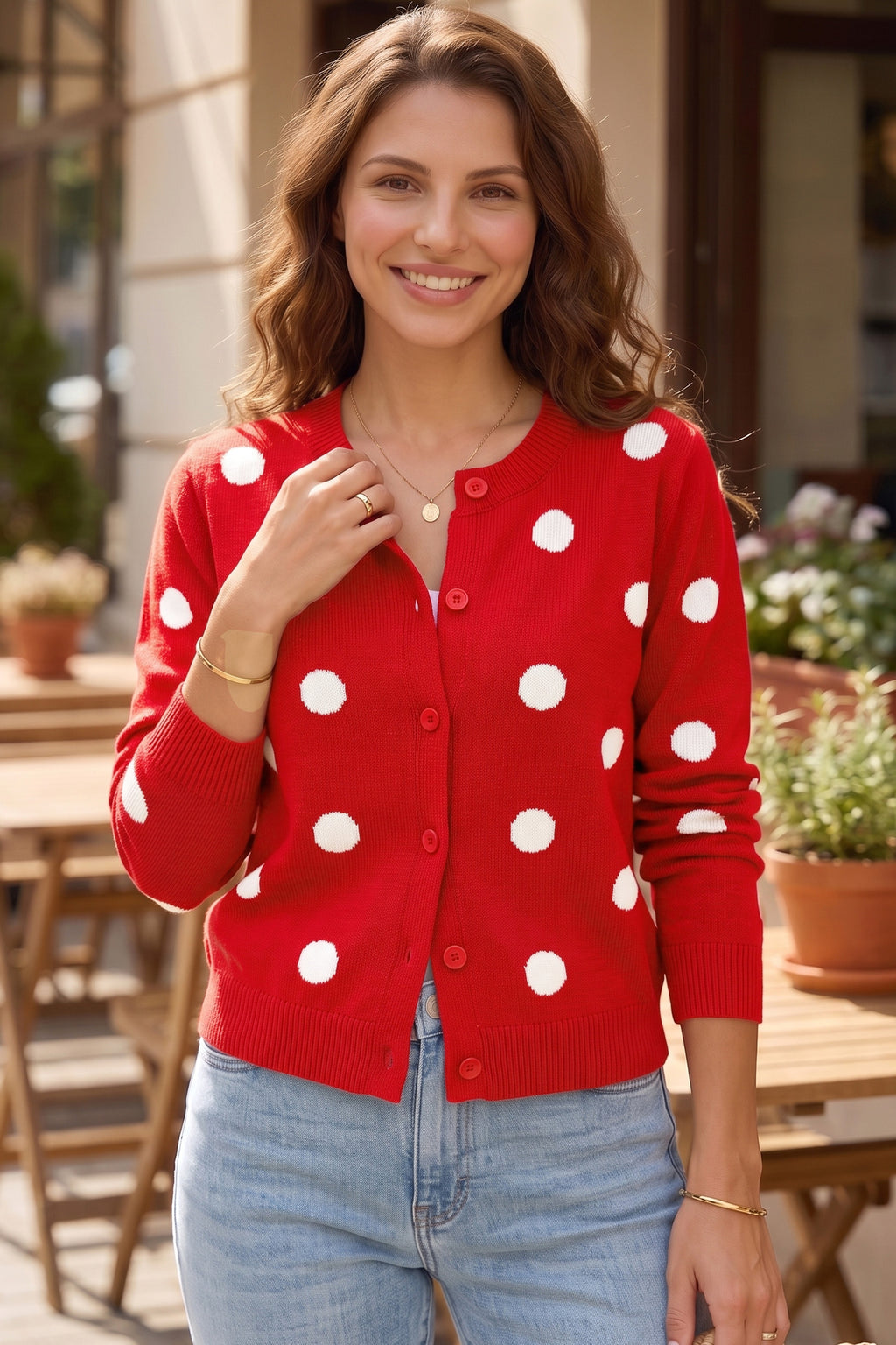 Fiery Red Casual Polka-Dot Button-Front Long-Sleeve Sweater Cardigan