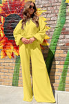 Hazel Blues® |  Yellow Cream Drop Shoulder Puff Sleeve Crop Pullover Drawstring Wide Leg Pants Set