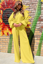 Hazel Blues® |  Yellow Cream Drop Shoulder Puff Sleeve Crop Pullover Drawstring Wide Leg Pants Set
