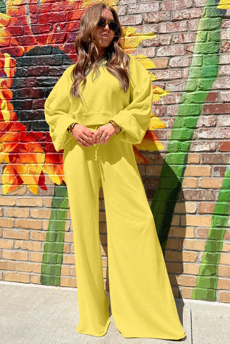 Hazel Blues® |  Yellow Cream Drop Shoulder Puff Sleeve Crop Pullover Drawstring Wide Leg Pants Set