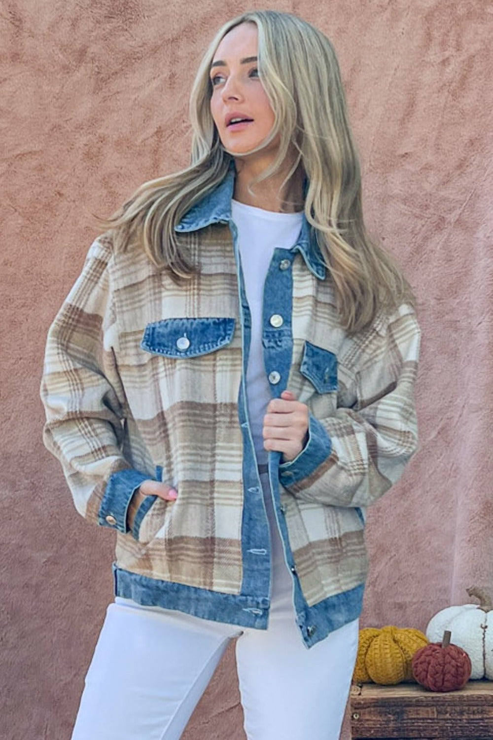 Hazel Blues® |  And The Why Washed Denim Detail Brushed Plaid Jacket