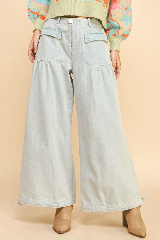 Hazel Blues® |  Davi & Dani Drawstring Hem Wide Leg Mid Rise Jeans