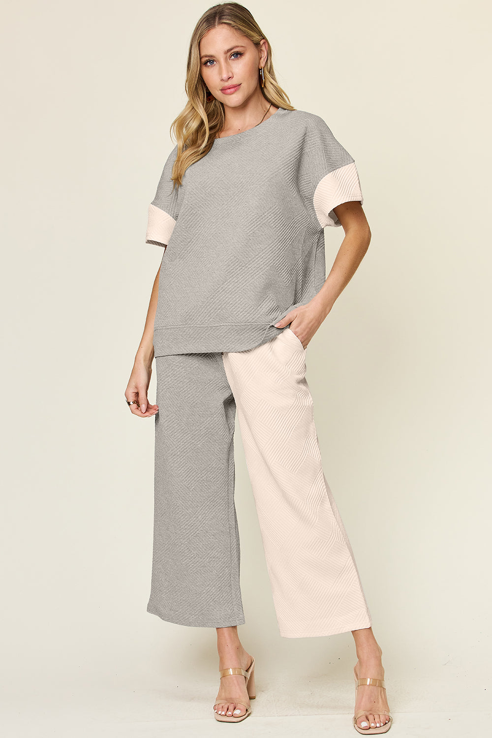 Hazel Blues® |  Double Take Texture Contrast T-Shirt and Wide Leg Pants Set