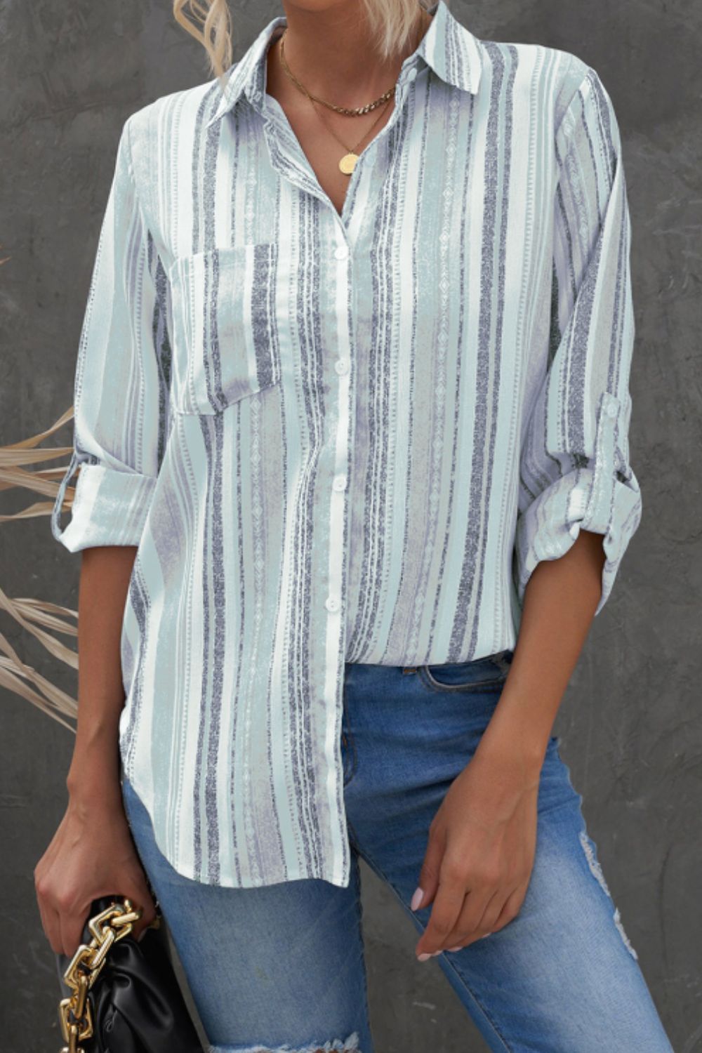 Hazel Blues® |  Striped Collared Neck Long Sleeve Shirt