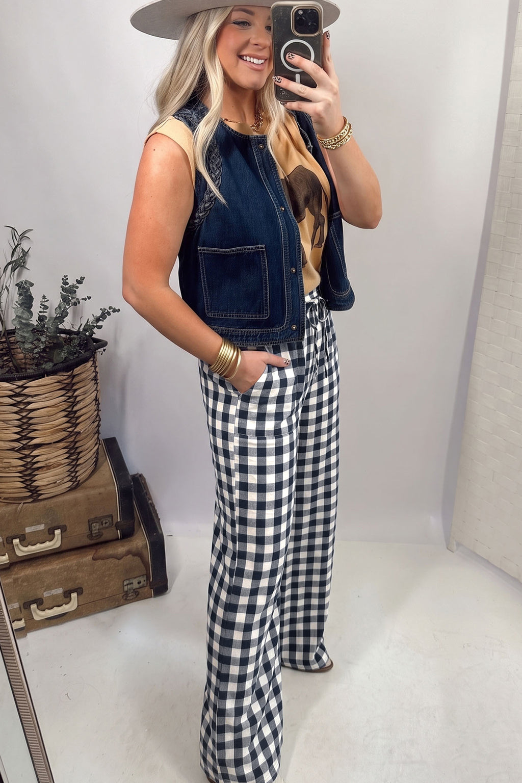 Camille Lane Blue Gingham Tie-Waist Pants