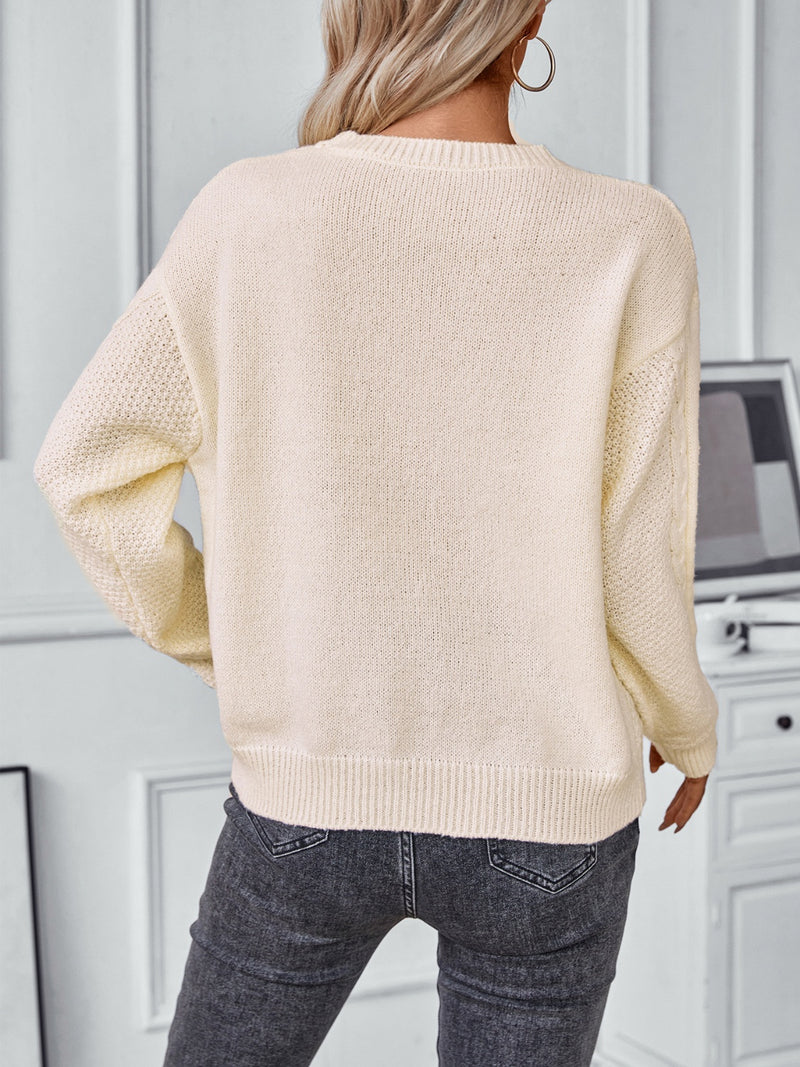 Hazel Blues® |  Openwork Cable-Knit Round Neck Long Sleeve Sweater