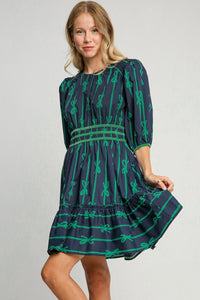 Hazel Blues® |  Umgee Ribbon Print Frill Contrast Velvet Trim Half Sleeve Dress