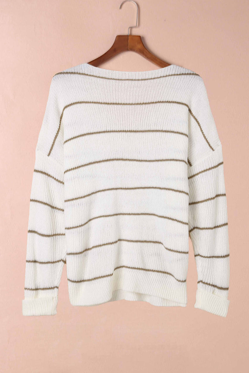 Hazel Blues® |  Striped V-Neck Drop Shoulder Sweater