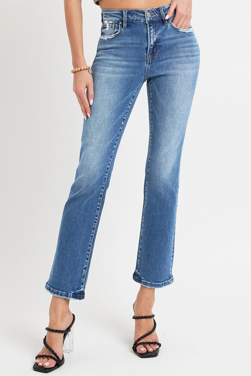 Hazel Blues® |  RISEN Mid Rise Ankle Straight Jeans with Pockets