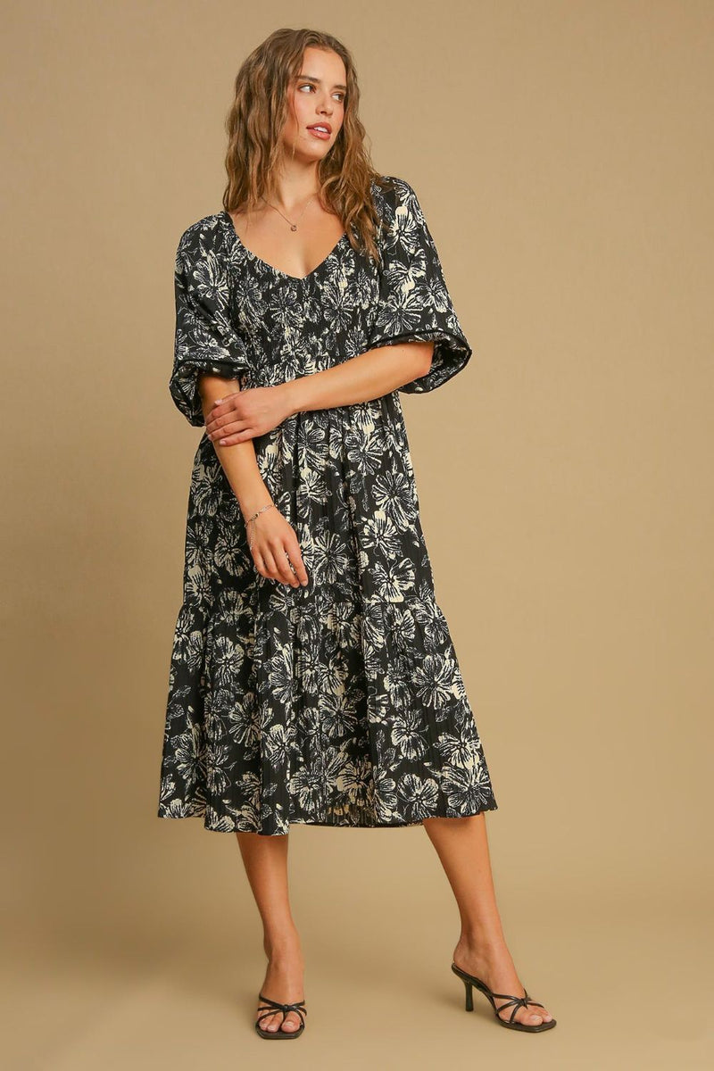 Hazel Blues® |  Umgee Ruffle Hem Flower Printed V-Neck Dress