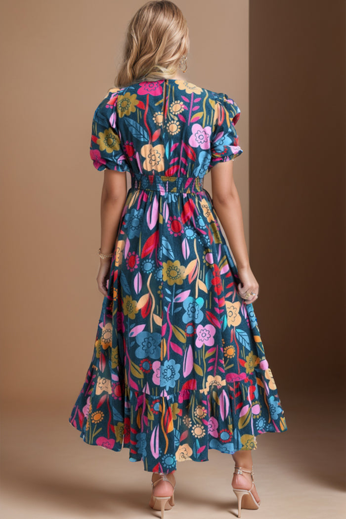 Hazel Blues® |  Printed Notched Puff Sleeve Midi Dress