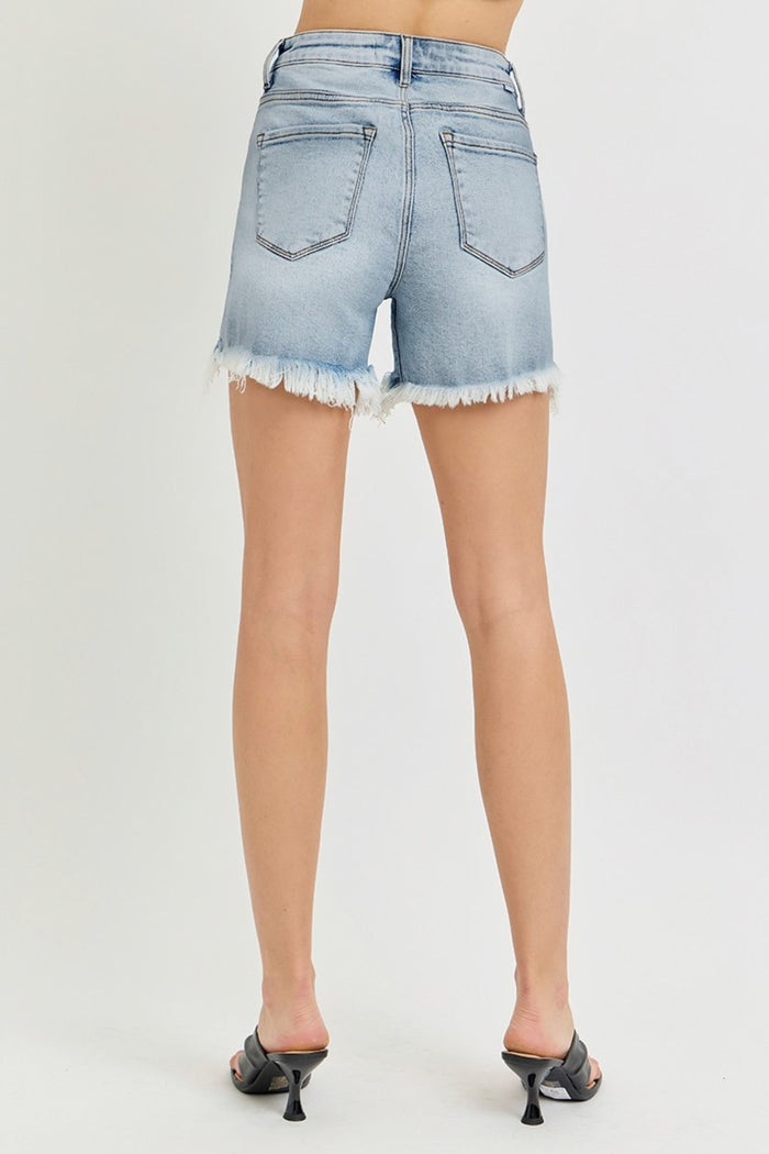 Hazel Blues® |  RISEN High Rise Side Step Hem Denim Shorts