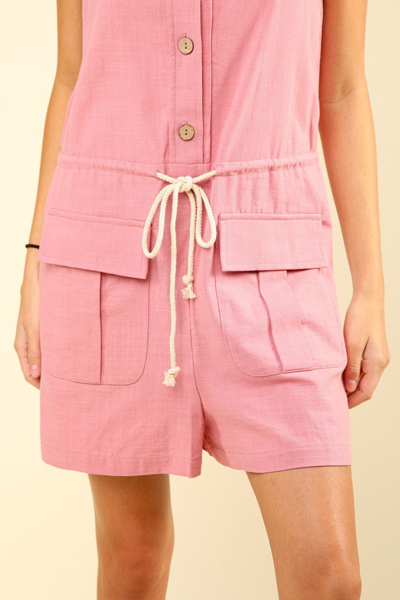 Hazel Blues® |  VERY J Half Button Drawstring Sleeveless Romper