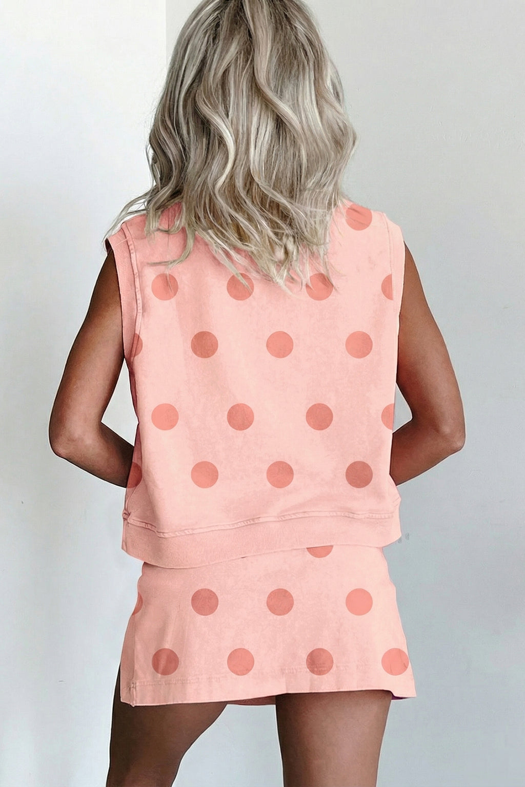 Elise Blake Pink Ribbed Trim Polka Dot Print Tank Split Mini Skort 2-Piece Set