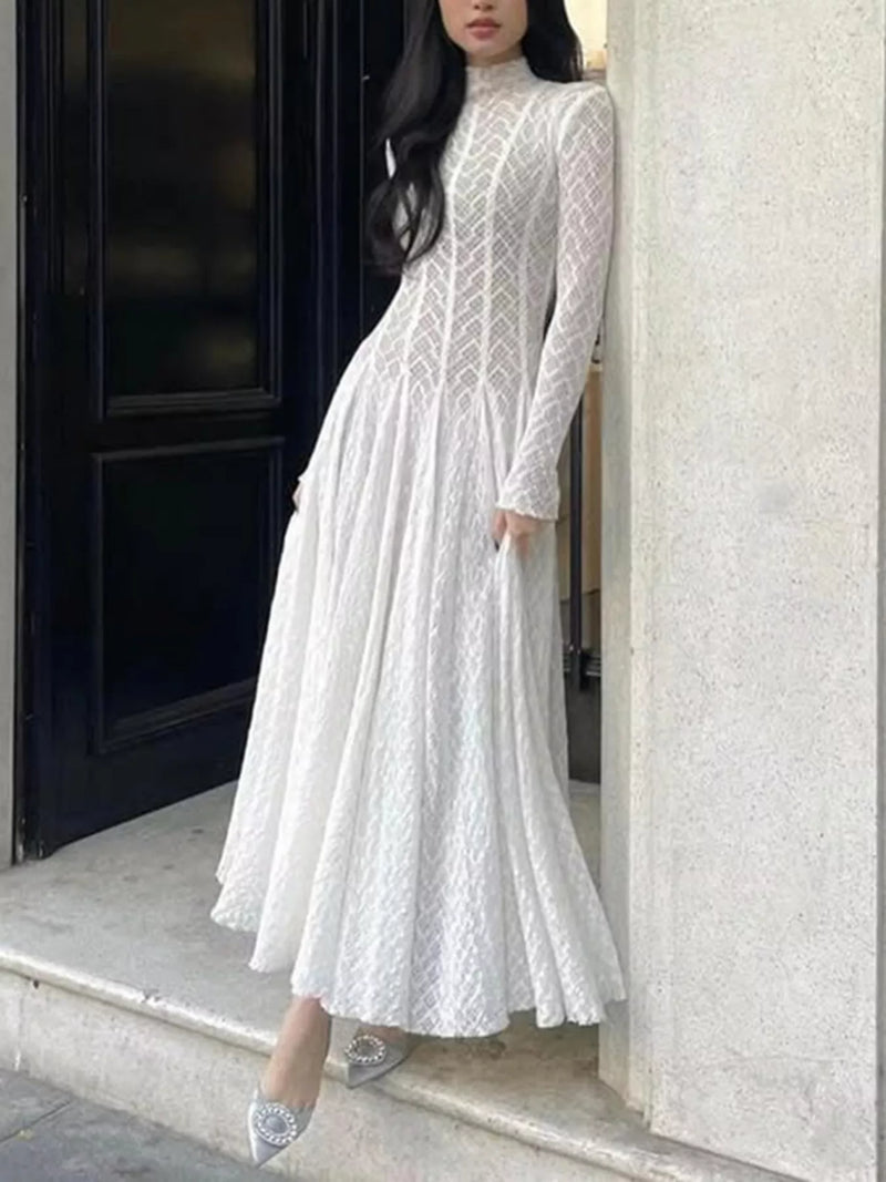 knee length dresses for ladies Nana Gotti White Turtleneck Lace Maxi Dress