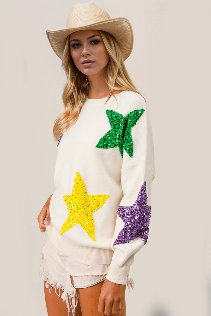 Hazel Blues® |  Double Take Sequin Star Round Neck Dropped Shoulder Sweater