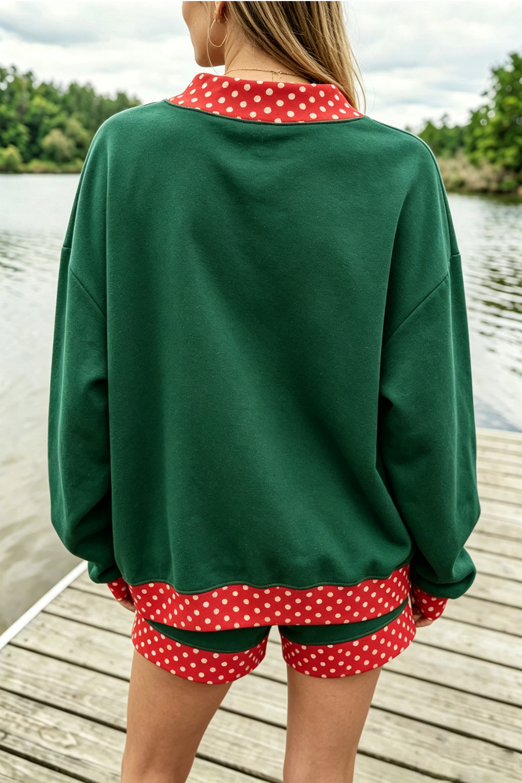 Evergreen Polka Dot Trim Baggy Pullover 2pcs Short Set