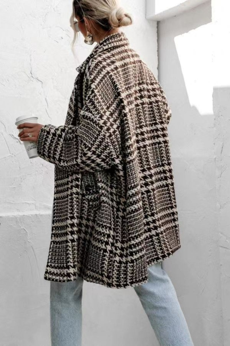 Hazel Blues® |  Houndstooth Collared Neck Long Sleeve Coat