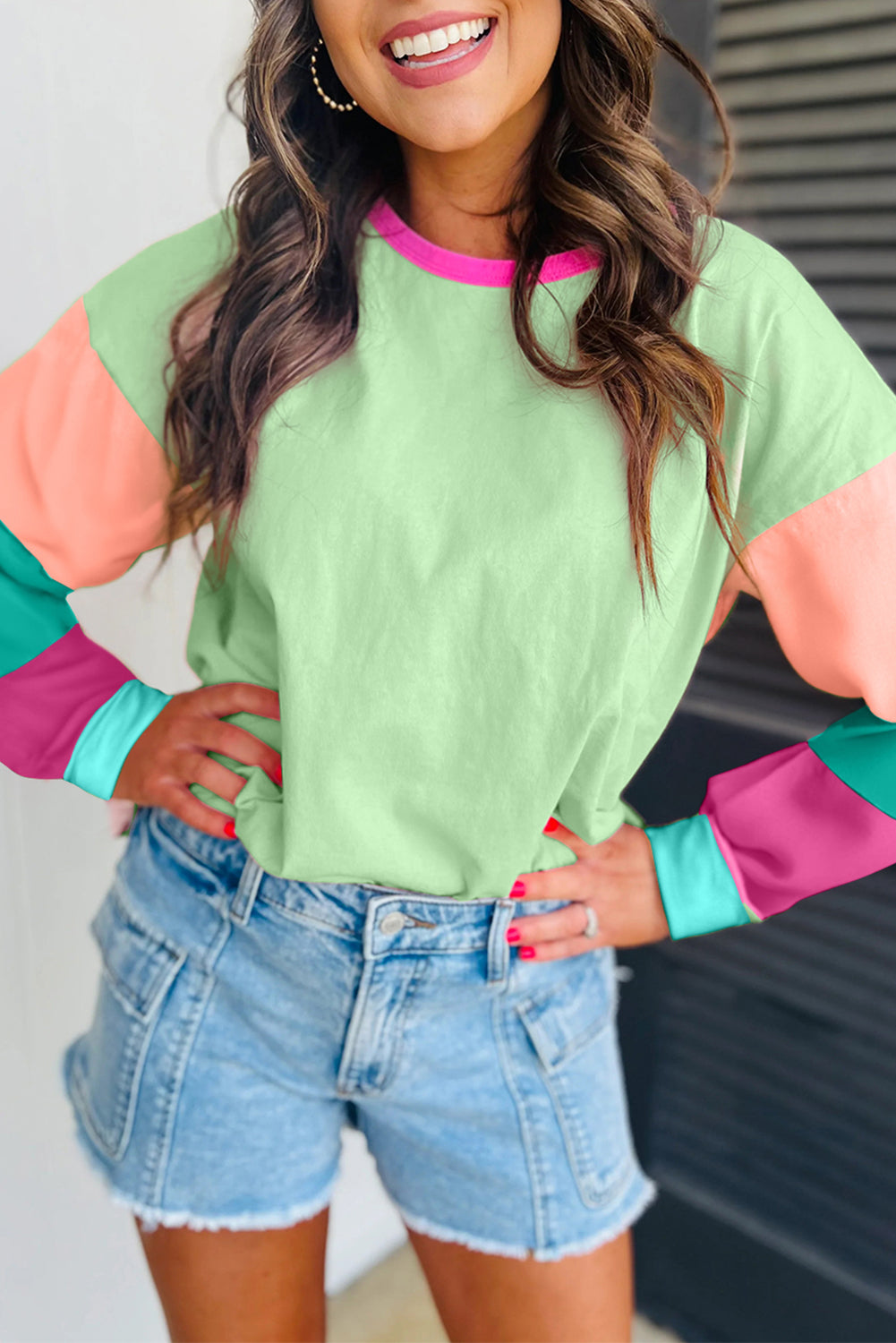 Green Colorblock Patchwork Long-Sleeve Loose Top