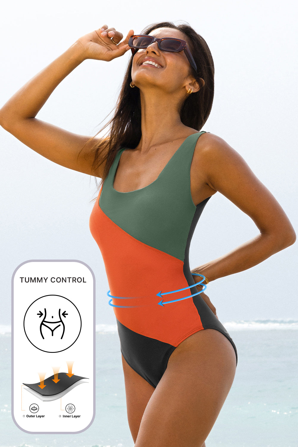 Duffel Green Color-Block Padded Square-Neck One-Piece Swimsuit