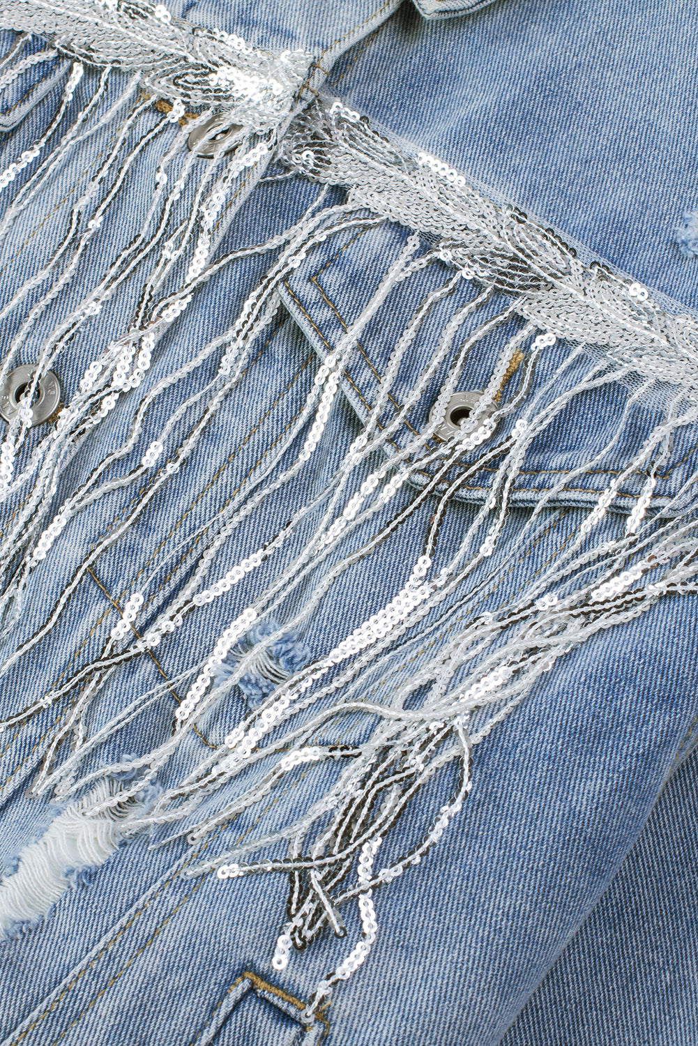 Hazel Blues® |  Sequin Fringe Trim Distressed Button Up Denim Jacket