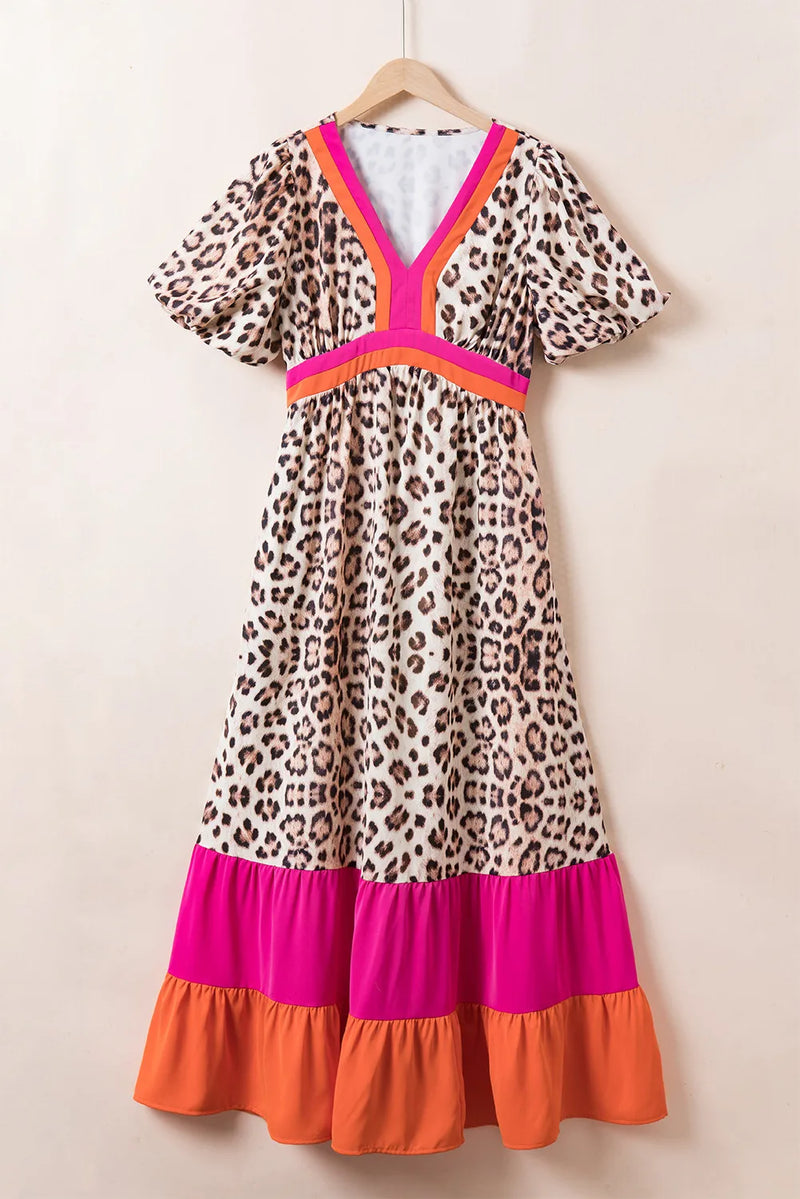 Hazel Blues® |  Leopard V-Neck Half Sleeve Maxi Dress