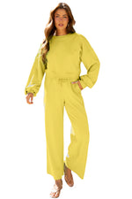 Hazel Blues® |  Yellow Cream Drop Shoulder Puff Sleeve Crop Pullover Drawstring Wide Leg Pants Set