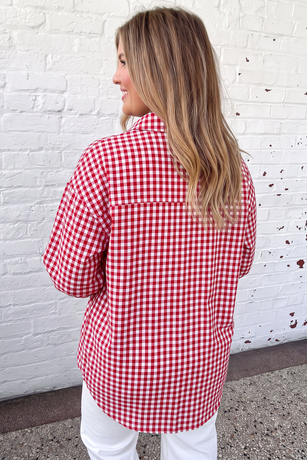 Red Plaid V-Neck Long-Sleeve Tunic Relaxed-Fit Shirt