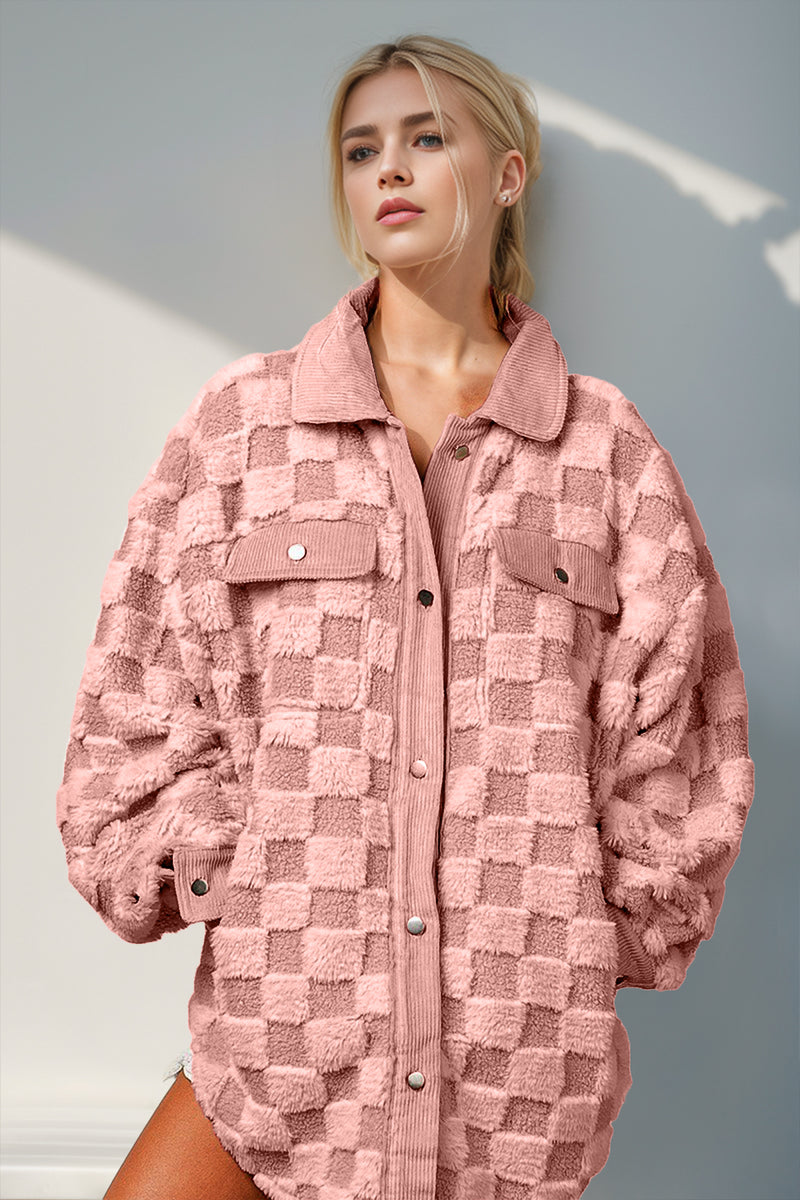 Hazel Blues® |  Double Take Button Up Fuzzy Checkered Shacket