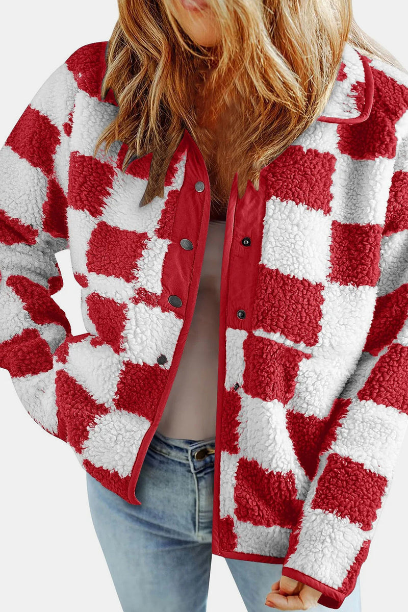 Hazel Blues® |  Checkered Snap Down Long Sleeve Teddy Jacket