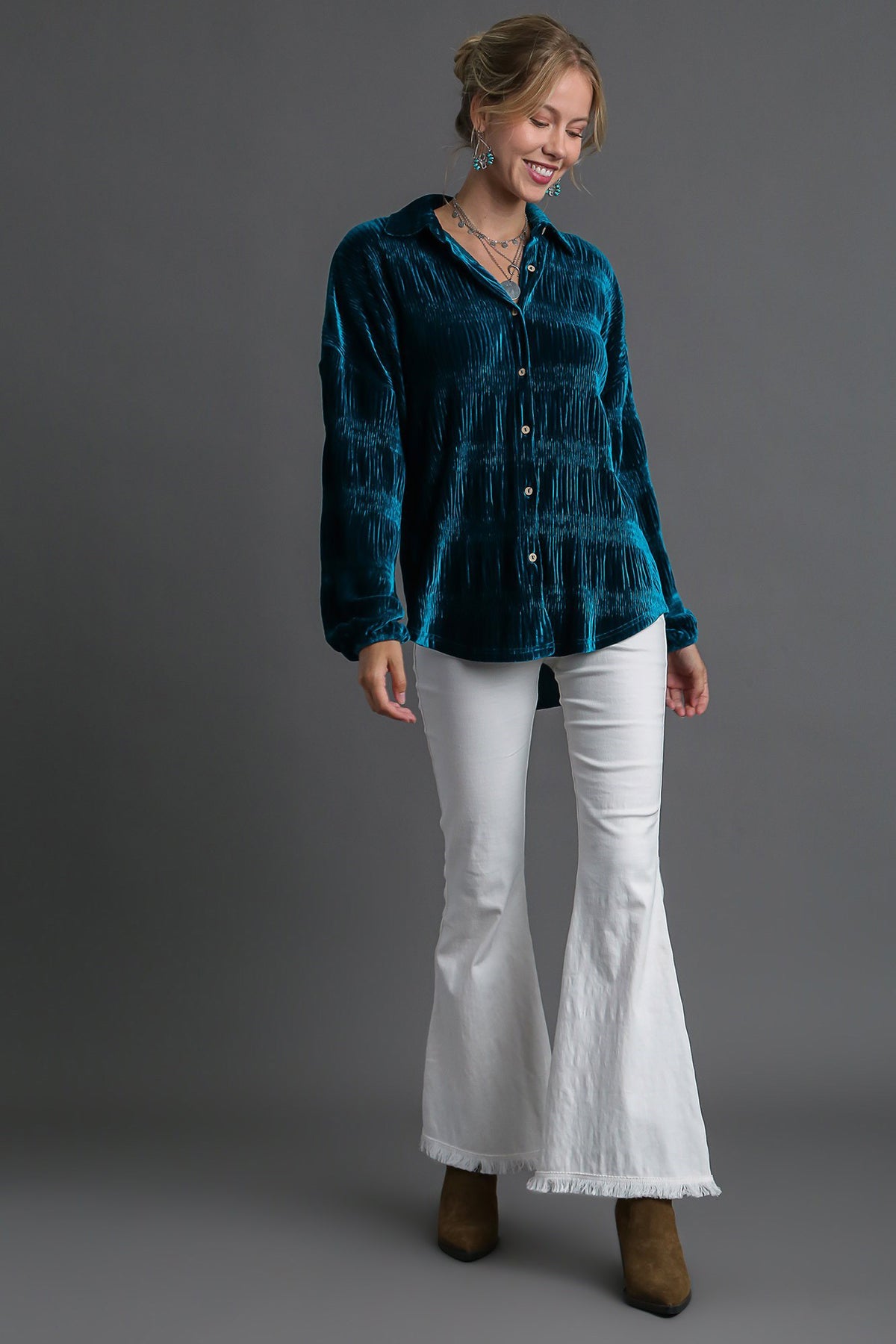 Hazel Blues® |  Umgee Ruched Tiered Button Up Shirt