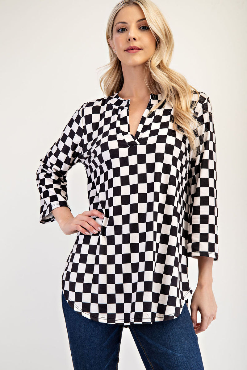 Hazel Blues® |  Celeste Curved Hem Checkered Notched Blouse