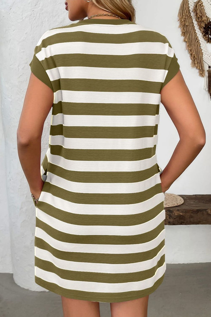 Hazel Blues® |  Contrast Striped Round Neck Short Sleeve Mini Dress