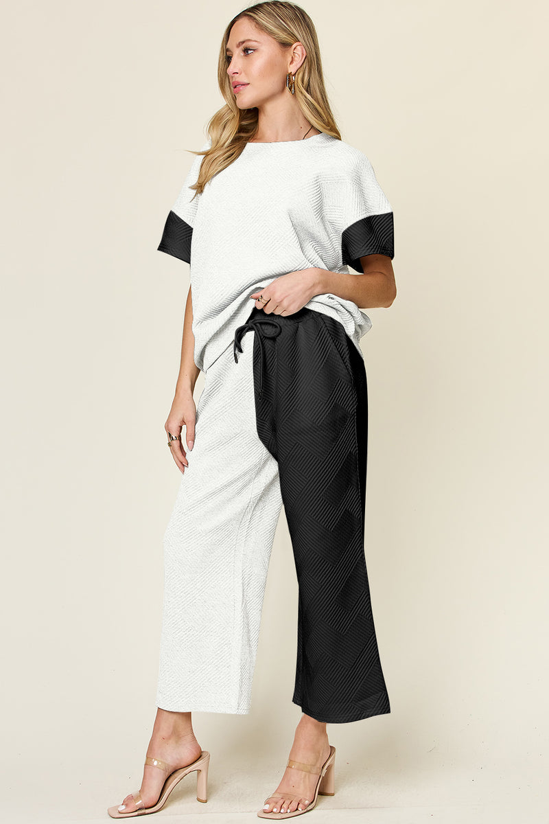 Hazel Blues® |  Double Take Texture Contrast T-Shirt and Wide Leg Pants Set