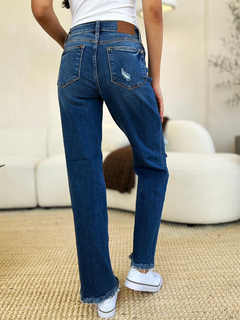 Hazel Blues® |  Judy Blue Mid Rise Distressed Raw Hem Jeans