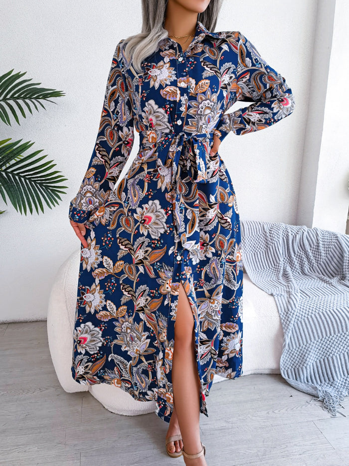 Hazel Blues® |  Tied Printed Long Sleeve Midi Dress