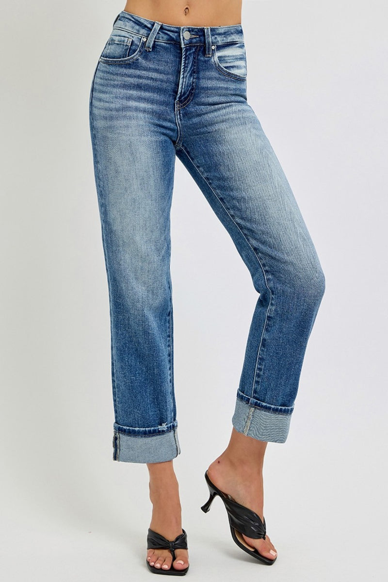 Hazel Blues® |  RISEN High Rise Crop Straight Roll Up Jeans