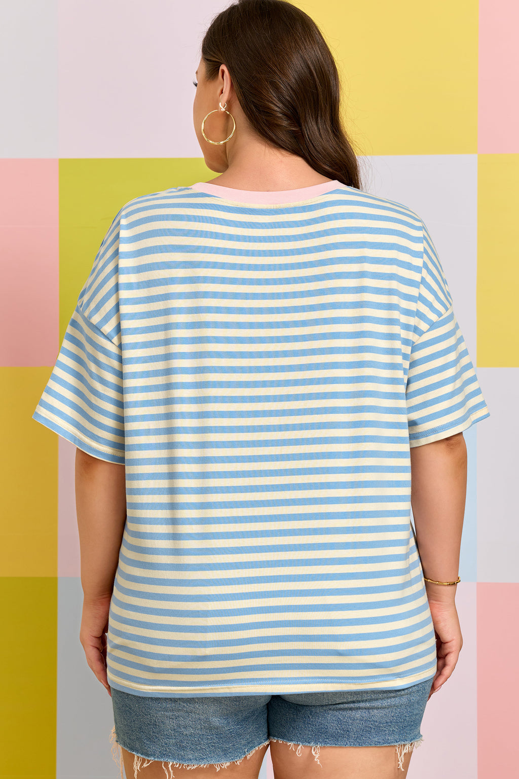 Drop Shoulder Contrast Trim Round Neck Tee