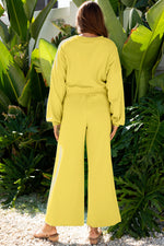 Hazel Blues® |  Yellow Cream Drop Shoulder Puff Sleeve Crop Pullover Drawstring Wide Leg Pants Set