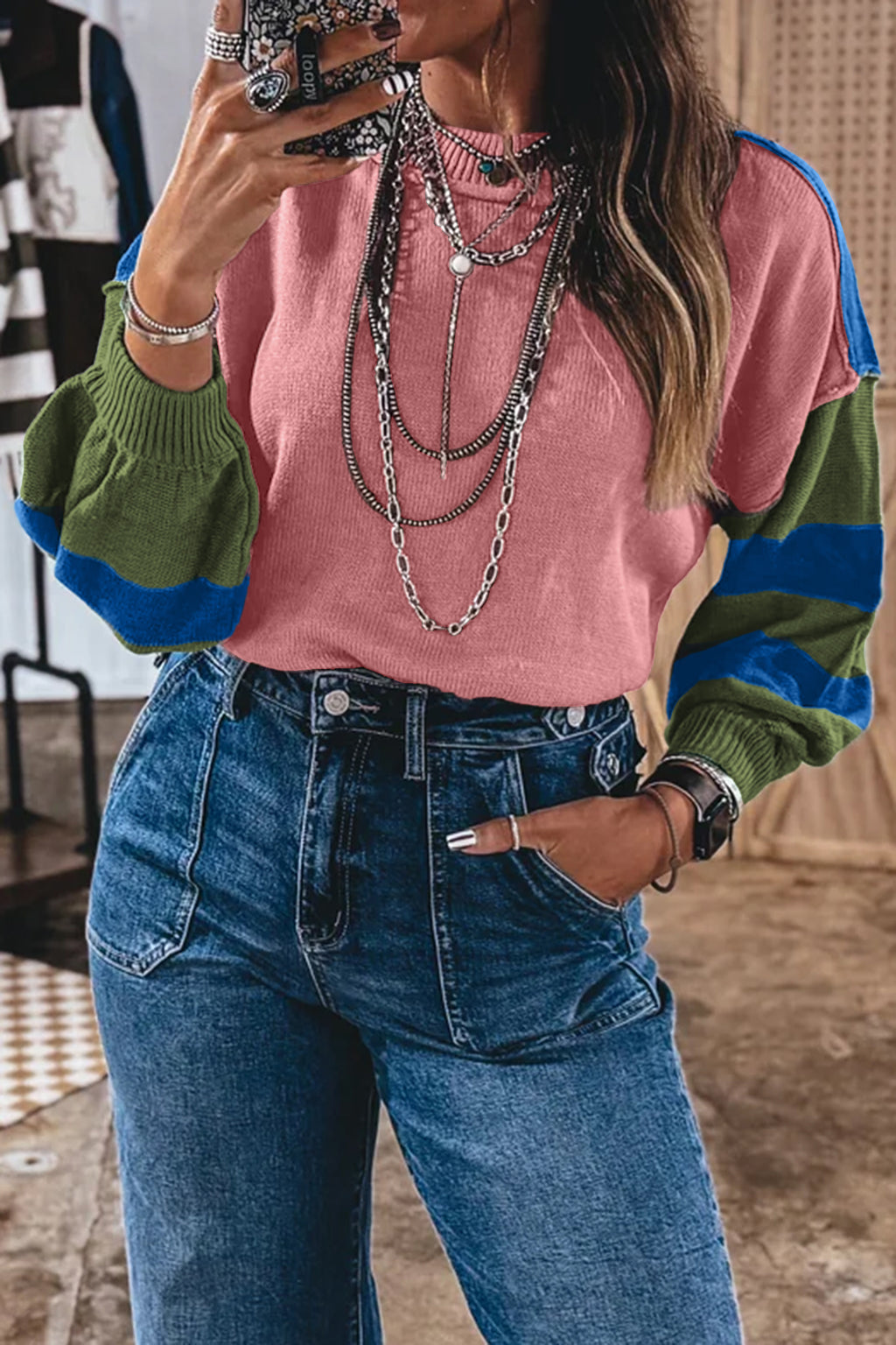 Maeve Sage Multicolour Western Color-Block Patchwork Striped Long-Sleeve Pullover Sweater