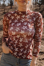 Hazel Blues® |  Red Mesh Star Print Mock Neck Sheath Long Sleeve Top